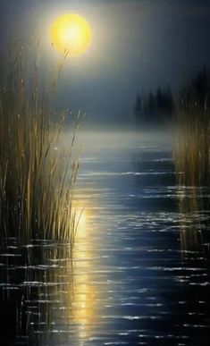 a painting of the sun setting over water with reeds in foreground and fog