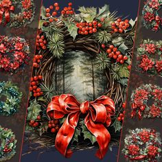 a christmas wreath with red bows and holly berries on it, surrounded by other holiday decorations