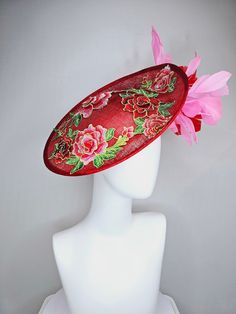 The official milliner of the 2023 Kentucky Derby Museum Gorgeous Kentucky Derby hat fascinator  kentucky derby hat fascinator red sinamay saucer with red green gold  embroidered flowers pink and red feathers headband attachment.  each hat is totally one of a kind! no two are alike! I can probably add feathers, flowers etc to existing hats for a small fee. I cannot remove anything from existing hats. Just message me and see if we can make it work! :) I cannot make custom order from scratch. My sc Red Curved Brim Fascinator For Garden Party, Red Mini Hats For Kentucky Derby Garden Party, Red Fascinator For Royal Ascot Garden Party, Red Fascinator For Garden Party At Royal Ascot, Red Feathered Fascinator For Kentucky Derby, Red Feather Headpiece For Kentucky Derby, Red Feathered Headpiece For Kentucky Derby, Derby Hats Fascinators, Hat Fascinator