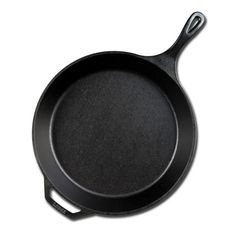 an empty cast iron skillet on a white background