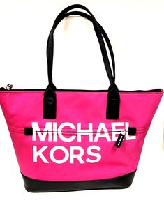 NEW MICHAEL KORS HOT PINK NYLON FABRIC SHOULDER TOTE, BAG, PURSE BRAND NEW with TAGS! 100% AUTHENTIC GUARANTEED Very Stylish! Approximate Dimensions: 11"H x 13" bottom, 17" top  x 5"W 10" Double Handles This beautiful handbag is made out high-quality nylon Polished silver tone hardware Two matching black fabric handles Top zip closure INTERIOR Black signature logo jacquard lining Matching black trim Zip pocket and two (one for phone) slip pockets on the back wall Michael Kors leather plate MICHA Pink Shoulder Bag With Logo, Pink Double Handle Shoulder Bag With Logo, Trendy Pink Shoulder Bag With Logo, Pink Logo Shoulder Bag, Pink Michael Kors Shoulder Bag With Handles, Trendy Michael Kors Bag With Zipper Closure, Trendy Michael Kors Shoulder Bag For Shopping, Trendy Pink Michael Kors Shoulder Bag, Michael Kors Pink Bag For On-the-go