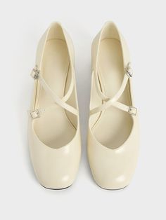 Chalk Patent Crossover-Strap Block-Heel Mary Janes - CHARLES & KEITH US Classic Spring Mary Janes With Buckle Closure, Classic Beige Heels With Buckle Closure, Jane Outfits, Coquette Core, Transitional Dressing, Belt Ring, Spring Step Shoes, Mary Jane Heels, Charles Keith