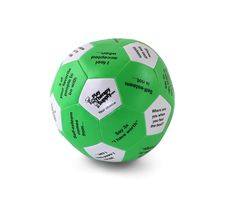 a green and white soccer ball with words on it