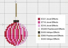 a cross stitch christmas ornament is shown in red and pink, with the words e