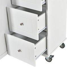 a white cabinet with three drawers on wheels