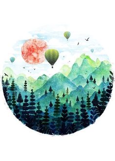 an illustration of hot air balloons in the sky above trees and mountains with birds flying over them