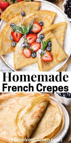 Folded crepes, topped with strawberries, blueberries, and mint. Crispy Crepe Recipe, French Crepes Recipe, Crepe Batter Recipe, Blender Crepes, Best Crepe Recipe, French Crepe Recipe, Dessert Crepes, Homemade Crepes, Easy Crepe Recipe