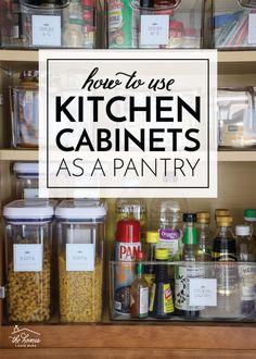 the kitchen cabinets are organized and labeled as pantry