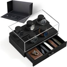 Display With Distinction The New Home For Your Growing Watch Collection. This Mens Watch Box Offers Five Solid Wood Pillars And An Elevated Back Row. Organize Your Everyday Carry Items In The Large Bottom Drawer With Multiple Slots. This Innovative Watch Holder For Men Elevates Your Watch And Accessory Storage Where Style Meets Function No More Stuffy Drawers Or Boring Watch Boxes. These Metal-Free Watch Cases Put Your Watches On Full Display. Crafted With A Transparent Acrylic Cover For Storing Wood Pillars, Etched Jewelry, Watch Display Case, Mens Watch Box, Accessory Storage, Watch Cases, Wooden Watches For Men, Music Box Vintage, Watch Storage Box