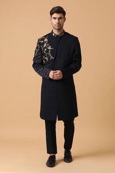 Shop for Kudrat Couture Blue Cotton Lycra Viscose Embroidered Bandhgala Set for Men Online at Aza Fashions Black Prince Coat For Men, Black Prince Coat, Prince Coat For Men, Blue Bandhgala, Prince Coat, Fabric Pants, Coat For Men, Straight Fit Pants, Embroidered Neckline