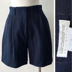 Super nice 80s Liz Claiborne dark navy blue and metallic gold pin striped high waist pleated wool shorts. Has side pockets and fully lined. Had a small hole near the front zipper but has been repaired, nbd hardly noticeable. Priced accordingly. Tagged size 4, waist 26" rise 12.5" hip up to 40" (not overextending the pleats) inseam 5" Shown here on a small mannequin with bust 34" waist 24" hip 34" Liz Claiborne Clothing, Hip Ups, Dark Navy Blue, Liz Claiborne, Front Zipper, High Waisted Shorts, Short Outfits, High Waisted, Womens Shorts