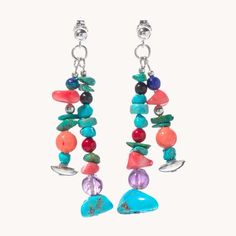 Experience the natural beauty of our Bead Maiden: Sunset Skies Beaded Drop Earrings. Each pair is one-of-a-kind, featuring natural stone beads in vibrant turquoise, coral, lapis, and amethyst. Our hand-crafted, beaded earrings are a unique addition to any wardrobe, as no two beads are alike. Natural Turquoise Beaded Earrings Sterling Silver Posts 2" Length, 1/2" Width Limited Quantity Available Adjustable Multicolor Earrings With Natural Stones, Bohemian Beaded Dangle Earrings With Natural Stones, Bohemian Dangle Beaded Earrings With Natural Stones, Turquoise Beaded Earrings With Natural Stones, Multicolor Beaded Earrings With Natural Stones, Artisan Multicolor Earrings With Natural Stones, Multicolor Artisan Earrings With Natural Stones, Artisan Beaded Dangle Earrings With Natural Stones, Artisan Dangle Beaded Earrings With Natural Stones