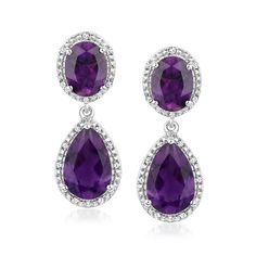 Ross-Simons - 7.80ct t. w. Amethyst, .14ct t. w. Diamond Drop Earrings in Silver. For an extra fancy touch of sparkle and color, slip on these extravagant drop earrings in sterling silver. Ovals and pear shapes of 7.80 ct. t. w. amethyst are highlighted by .14 ct. t. w. round diamond frames. Hanging length is 7/8". Post/clutch, diamond and amethyst drop earrings. Amethyst birthstones are the perfect gift for February birthdays. Formal Diamond Earrings With Gemstone Accents, Elegant Amethyst Earrings For Formal Occasions, Amethyst Earrings Fine Jewelry For Formal Occasions, Formal Amethyst Gemstone Earrings, Amethyst Gemstone Earrings For Formal Occasions, Purple Dangle Bridal Earrings For Formal Occasions, Purple Fine Jewelry Earrings For Formal Occasions, Elegant Purple Earrings With Diamond Accents, Classic White Gold Earrings With Gemstone Accents