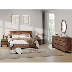 a bedroom scene with focus on the bed and dresser