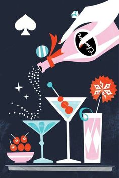 an advertisement for a cocktail bar with a bottle pouring it into two martini glasses and cherries on the rim