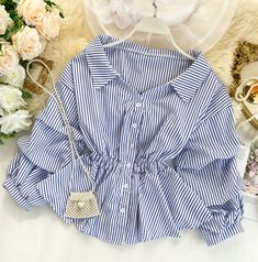 Casual Blouses, Clothing Female, Clothes Korean Style, Long Sleeve Striped Top, Tops Casual, Striped Short, Women Shirts Blouse, Vintage Shirt, Casual Blouse