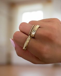 14K Gold Bar Ring - Zoe Lev Jewelry Diamond Gold Band, Gold Bar Ring, Rib Ring, Baguette Wedding Band, Bar Ring, Ring Stack, Gold Ring Stack, Textured Design, Gold Bar