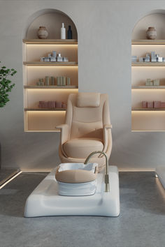 a white chair sitting on top of a table next to a shelf filled with bottles