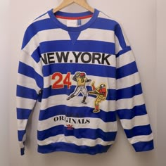 New York Football Crew Neck Special Edition Adidas For Urban Outfitters Giants Or Buffalo Bills Size: Men Small Fit Like A Large On Women Color: Blue And Red With Strips And Football Players Embroidered Like New Worn Once But Does Have A Dot On The Back Shoulder On The Left As Shown Hardly Noticeable From The Archive Rare Find Adidas Special, New York Sweatshirt, New York Football, Adidas Sweater, Vintage College, Football Sweatshirt, Adidas Trefoil, Oversized Jumper, Adidas Sweatshirt