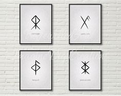 four black and white pictures on a brick wall with the symbols for each zodiac sign