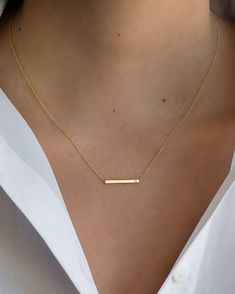 "14K solid gold Bar necklace with a tiny diamond , comes in the gold color of your choice, and length of your choice, dainty and absolutely amazing! The perfect everyday necklace, by itself or layered. made in L.A. Size: Approx. 1\" Diamond: 0.01 ct wt  Ships in 5 to 7 business days Comes gift ready in our beautiful branded jewelry box." Dainty Gold Jewellery, Simple Chains Gold, Everyday Gold Necklace, Minimalist Jewelry Gold, Minimalist Gold Necklace, Minimal Gold Jewelry, Simple Gold Necklace, Dainty Jewelry Necklace, Gold Minimalist Jewelry