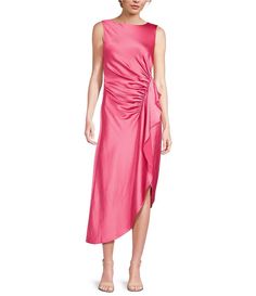 Alex Marie Monica Drapey Satin Sleeveless Midi Dress | Dillard's Formal Sleeveless Satin Dress With Ruched Bodice, Spring Satin Midi Dress With Ruched Back, Summer Satin Sheath Dress, Fitted Sleeveless Satin Dress With Ruched Bodice, Sleeveless Satin Midi Dress With Ruched Back, Summer Satin Dress With Ruched Back, Summer Satin Dress With Ruched Detail, Summer Ruched Satin Dress, Formal Sleeveless Satin Dress With Pleated Bodice