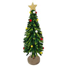 a wooden christmas tree with lights on it's base and a star on top