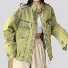 Turn heads this season with our Y2K-style Over-Dyed Cropped Denim Jacket. the must-have piece from our 2023 Spring-Summer Collection!Why It's Destined to Be Your New FavoriteThis updated classic is designed to make an unmistakable statement. Crafted from a unique fabric blend. it features an acid-green over-dye for a one-of-a-kind look.Exquisite Features: Oversized Fit: Cut for a simple fit. this piece is sure to become your go-to denim jacket. Cropped Design: Show off your favorite top with its Trendy Washed Cotton Denim Jacket, Casual Denim Jacket For Summer Streetwear, Casual Summer Denim Jacket For Streetwear, Oversized Cotton Denim Jacket For Spring, Summer Washed Denim Jacket For Streetwear, Summer Streetwear Washed Denim Jacket, Casual Summer Cotton Denim Jacket, Trendy Summer Streetwear Outerwear, Spring Streetwear Washed Denim Jacket