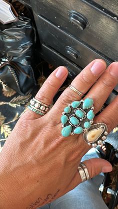 Giant cluster ring. Adjustable. Solid sterling silver. Natural turquoise. Handmade in Mexico. Turquoise Ring Stack, Unique Multi-stone Turquoise Ring In Sterling Silver, Laney Wilson, Cowboy Ring, Ring Stacks, Boho Soul, Cowgirl Bling, Kimono Duster, Ring Stack