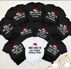 Christmas Shirts Ideas For Family, Christmas Family Name Shirts, Christmas Family Pajamas Ideas, Christmas Tshirt Ideas Family, Christmas Jammies Family, Christmas Crew Shirts, Group Christmas Shirts, Most Likely To Christmas Shirts, Button Family