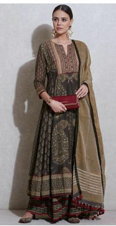 Ajrakh Anarkali Designs, Ajrakh Kurta Designs Pakistani, Ajrakh Suit Designs, Bagh Print Suits Design, Ajrakh Kurta Designs, Printed Anarkali, New Kurti Designs, Churidar Designs, Anarkali Dress Pattern