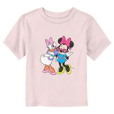 Who knew that dressing "mousey" could be so cute!? Celebrate Walt Disney's most iconic character with this officially licensed Disney Mickey Mouse and Friends Cool Daisy and Minnie Toddlers' Graphic T-shirt! This unique design features a slightly distressed graphic of Daisy Duck and Minnie Mouse posing cool in their sunglasses across the front. Grab some new Mickey and Friends apparel for the youngest members of the family and make their next trip to the Disney parks a memorable one! Playful Cartoon Print T-shirt For Disney Trips, Disney Minnie Mouse Pink T-shirt, Minnie Mouse Short Sleeve T-shirt For Disney Trips, Cute Pink Minnie Mouse T-shirt, Pink Minnie Mouse T-shirt For Disney Fan Events, Disney Pink Minnie Mouse T-shirt, Cute Minnie Mouse Top For Disney Trips, Cute Minnie Mouse Tops For Disney Trips, Playful Character Print T-shirt For Disney Trips