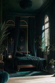 a bedroom with green walls and curtains on the windowsills is pictured in this image