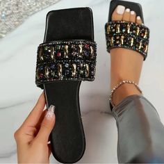 New In Package Trendy Sandals With Rhinestones For Night Out, Trendy Rhinestone Sandals For Night Out, Chic Summer Sandals With Bling, Chic Bling Sandals For Summer, Black Beaded Sandals For Spring, Spring Black Beaded Sandals, Trendy Open Toe Sandals With Bling, Trendy Bling Open Toe Sandals, Summer Black Sandals With Bling