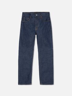 A high-waist regular fit with a straight leg in a jaw-dropping redcast rinse wash. A rinse—the simplest of washes—brings out the denim’s texture and enhances the jean's blue hue. The 40s Redcast is crafted from highly textural denim, featuring yarn slubs in both the warp and weft. This combination creates a striking blend of crosshatch and marble textures. Adding to its vintage feel are small cotton "neps"—tiny bundles of white cotton fibers—that introduce an extra layer of texture. The denim’s Classic Cropped Jeans In Rigid Denim With Straight Hem, Dark Wash Selvedge Jeans With Straight Hem, Dark Wash Straight Selvedge Jeans, Selvedge Straight Denim Jeans, Dark Wash Straight Fit Cropped Jeans In Rigid Denim, Straight Selvedge Jeans In Dark Wash, Classic Everyday Rigid Denim Jeans, Straight Selvedge Dark Wash Jeans, Classic Cropped Rigid Denim Blue Jeans