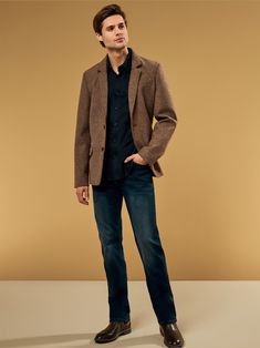 Jeans Blazer Outfit Men, Casual Semi-formal Blazer For Fall, Tailored Semi-formal Sport Coat For Fall, Tailored Fall Sport Coat For Semi-formal Occasions, Semi-formal Blazer With Concealed Placket For Fall, Fall Semi-formal Blazer With Concealed Placket, Fall Semi-formal Button-up Sport Coat, Casual Tailored Tweed Jacket With Suit Collar, Casual Tweed Jacket With Suit Collar For Business Casual