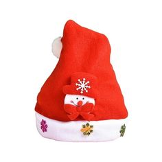 a red santa hat with a snowman on it