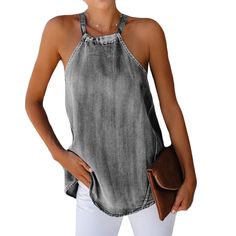 Gray Denim Halter Tank Top Denim Halter Top, Casual Elegant Style, Halter Tank Top, Tank Top Straps, Streetwear Tops, Elegant Casual, Halter Tops, Grey Denim, Women Shirts Blouse