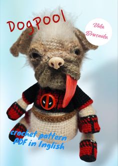 a stuffed animal wearing a red and black outfit with the words dolpool on it