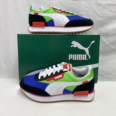 New With Box, See Picture For Small Details. The Unisex Puma Future Rider Shoes Are A Must-Have For Your Kid’s Footwear Collection. This Sneaker Has A Perfect Round Toe Shape And Low Top Shoe Shaft Design. It Is Designed For Any Occasion Like Travel, Activewear, Party, And Casual Events. The Lace-Up Closure With Accents Of Lace And The Logo Adds To The Aesthetic Of The Shoes. The Sneaker Has Rubber Outsole Material And Is Available In Multicolor, Which Makes It A Colorful And Vibrant Pair Of Sho Green Puma Sneakers For Jogging, Puma Logo Sneakers For Jogging, Blue Color Block Sneakers With Round Toe, Green Puma Sneakers With Round Toe, Casual Green Puma Sneakers, Blue Color Block High-top Sneakers, Blue Puma Sneakers With Round Toe, Color Block Sneakers For Sports With Round Toe, Blue High-top Puma Sneakers