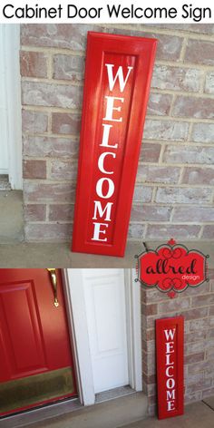 a red welcome sign sitting on the side of a brick wall next to a white door