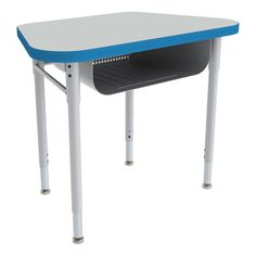 a blue and white desk with two legs