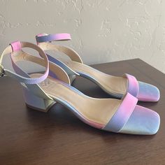 New Vince Camuto Jantta Leather Heeled Sandals Pastel Rainbow Colorful Size 8 Square Toe, Adjustable Ankle Strap. 1 5/8" Covered Block Heel. Brand New, Never Worn! Smoke Free And Dog Friendly Home. Purple Block Heel Shoes With Medium Width, Purple Block Heel Medium Width Heels, Lavender Round Toe Heels For Spring, Purple Sandals With Heel Strap For Summer, Purple Block Heel Shoes With Heel Strap, Purple Block Heels With Heel Strap, Purple Low Heel Shoes With Strap, Purple Low Heel Shoes For Spring, Purple Low Heel Heels With Heel Strap