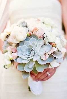 a bride holding a bouquet of flowers in her hands