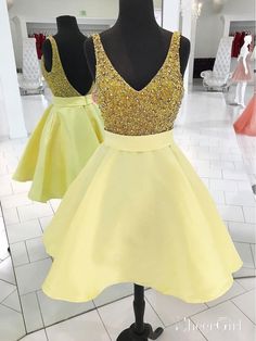 A-line V-neck Beaded Top Yellow Satin Cute Homecoming Dresses APD2767-SheerGirl Baby Blue Homecoming Dress, Prom Short Dress, Simple Homecoming Dresses, Short Graduation Dresses, Homecoming Dress Short, Satin Ball Gown, Cute Homecoming Dresses, Mini Homecoming Dresses, Satin Homecoming Dress