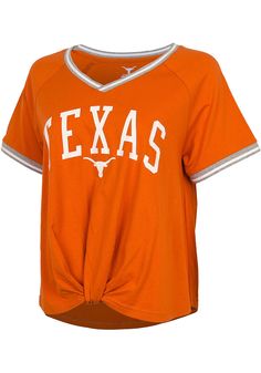 Let everyone know who you root for in this Texas Longhorns Burnt Orange Channing Short Sleeve T-Shirt! This Texas Short Sleeve Tee features a center chest graphic with yarn dye ribbed neck and sleeve trim. Raglan sleeves, Ribbed neckline and cuffs, Twist front hem, 100% Cotton Texas Football, University Of Texas, Texas Longhorns, Down South, Alabama Crimson Tide, Twist Front, Burnt Orange, Short Sleeve Tee, V Neck T Shirt