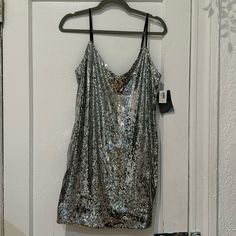 Tags Still On Spring Sequin Dress With Spaghetti Straps And Chic Style, Chic Sequin Spaghetti Strap Dress For Spring, Sequined Slip Dress For Spring, Chic Spring Sequin Dress With Spaghetti Straps, Glamorous Spring Cocktail Slip Dress, Glamorous Spring Sequin Dress, Glamorous Slip Dress For Spring Night Out, Glamorous Slip Dress For Night Out In Spring, Sleeveless Dresses For Party Season