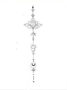 a line drawing of a cross with flowers and crescents on the side, in black ink