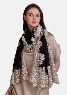 Elegant Shawl With Embroidered Border, Elegant Formal Shawl With Intricate Embroidery, Elegant Cream Scarves For Festive Season, Elegant Festive Scarves With Embroidered Border, Elegant Cream Shawl Dupatta, Elegant Cream Embroidered Shawl, Elegant Cream Shawl For Festive Season, Elegant Cream Shawl For Festive Occasions, Elegant Winter Dupatta Scarf