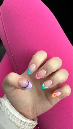 Colorful Double French Tip Nails, 2 Colored French Tip Nails, Beach Nails Colorful, Cute Summer Nails Colorful, Multicolored Tips Nails, Cute Spring Break Nails French Tip, Spring Nails Two Colors, Pastel Double French Tip Nails, Almond Nails Multicolor Tips